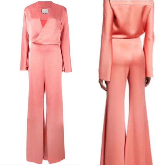 $724 ALEXIS “Raine” Flared Satin Jumpsuit in Rose Madder - Picture 4 of 16
